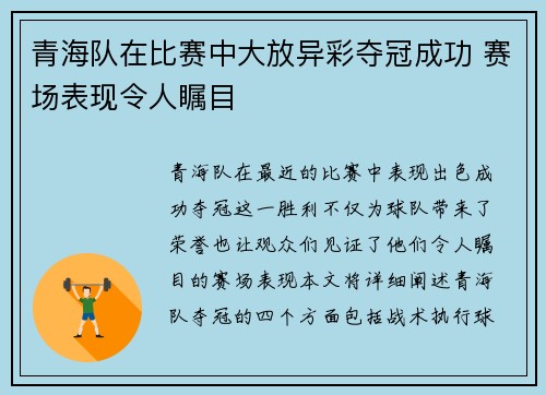 青海队在比赛中大放异彩夺冠成功 赛场表现令人瞩目