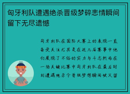 匈牙利队遭遇绝杀晋级梦碎悲情瞬间留下无尽遗憾