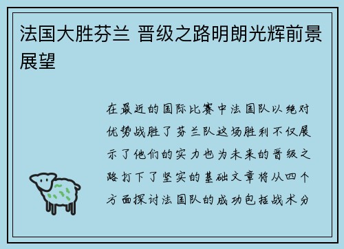 法国大胜芬兰 晋级之路明朗光辉前景展望
