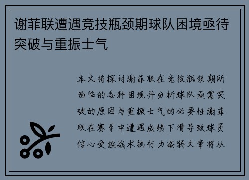 谢菲联遭遇竞技瓶颈期球队困境亟待突破与重振士气