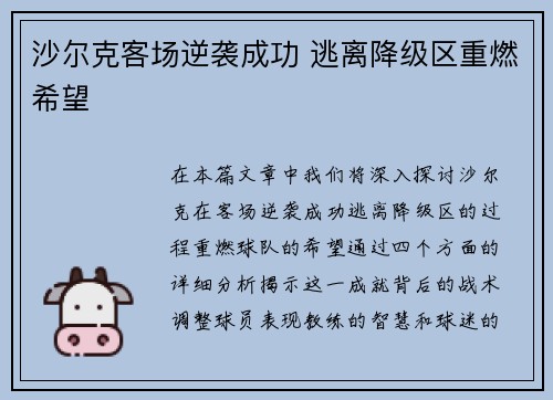 沙尔克客场逆袭成功 逃离降级区重燃希望
