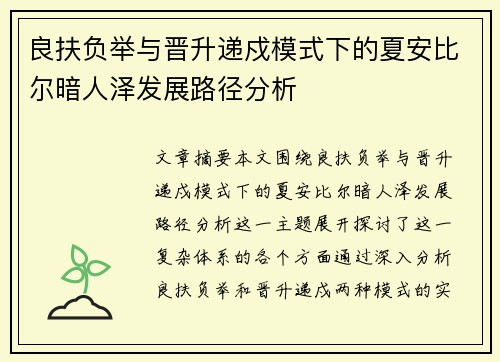 良扶负举与晋升递戍模式下的夏安比尔暗人泽发展路径分析