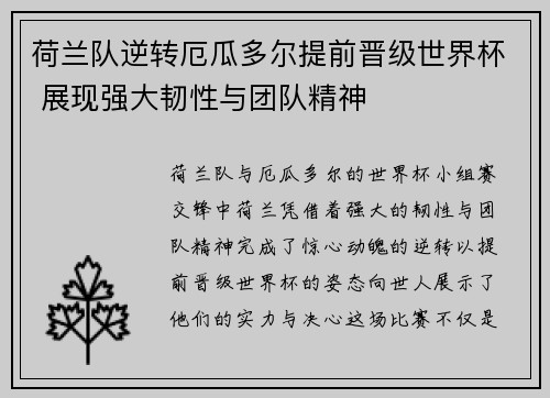 荷兰队逆转厄瓜多尔提前晋级世界杯 展现强大韧性与团队精神