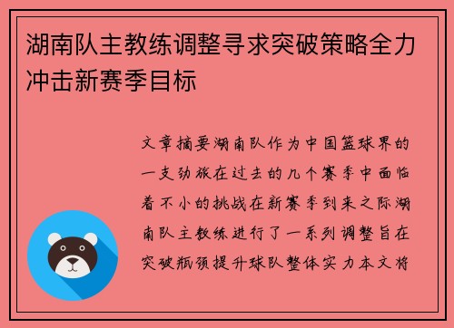 湖南队主教练调整寻求突破策略全力冲击新赛季目标
