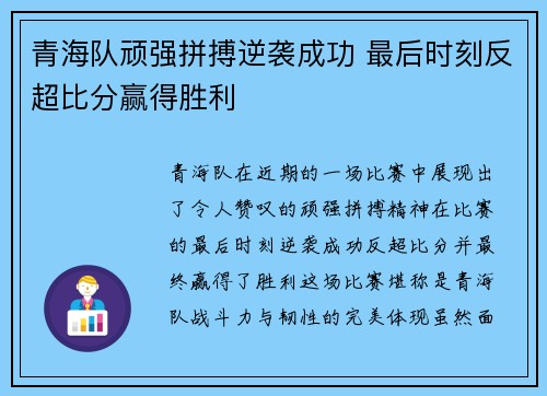 青海队顽强拼搏逆袭成功 最后时刻反超比分赢得胜利