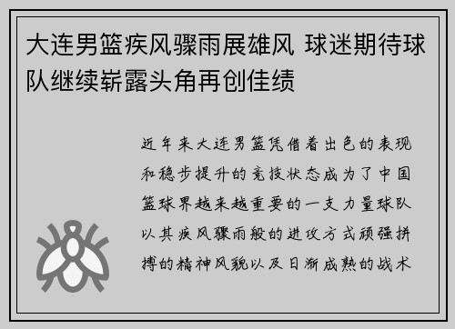 大连男篮疾风骤雨展雄风 球迷期待球队继续崭露头角再创佳绩