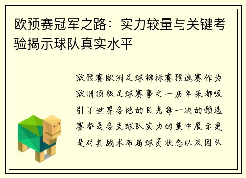 欧预赛冠军之路：实力较量与关键考验揭示球队真实水平