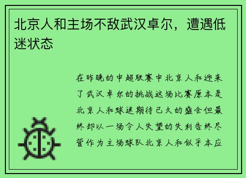 北京人和主场不敌武汉卓尔，遭遇低迷状态