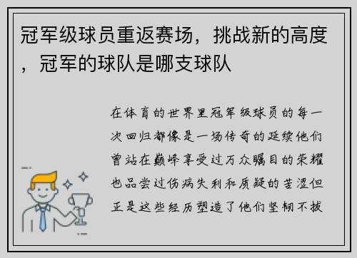 冠军级球员重返赛场，挑战新的高度，冠军的球队是哪支球队