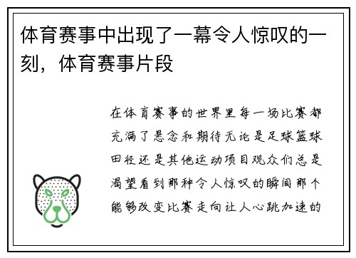 体育赛事中出现了一幕令人惊叹的一刻，体育赛事片段