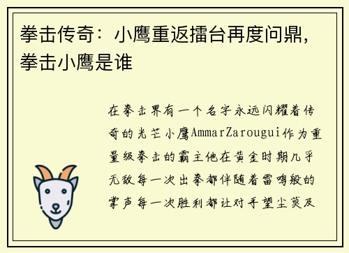 拳击传奇：小鹰重返擂台再度问鼎，拳击小鹰是谁