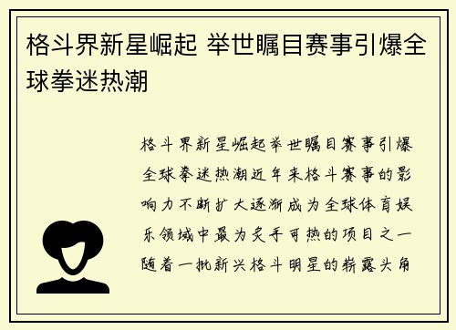 格斗界新星崛起 举世瞩目赛事引爆全球拳迷热潮