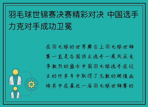 羽毛球世锦赛决赛精彩对决 中国选手力克对手成功卫冕